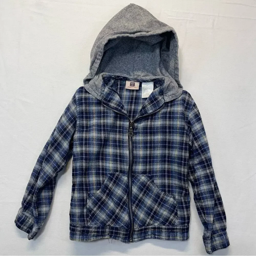 Girls Plaid Flannel Hoodie Jacket Size 6 Blue Gray Full Zip Hooded Shirt Jacket